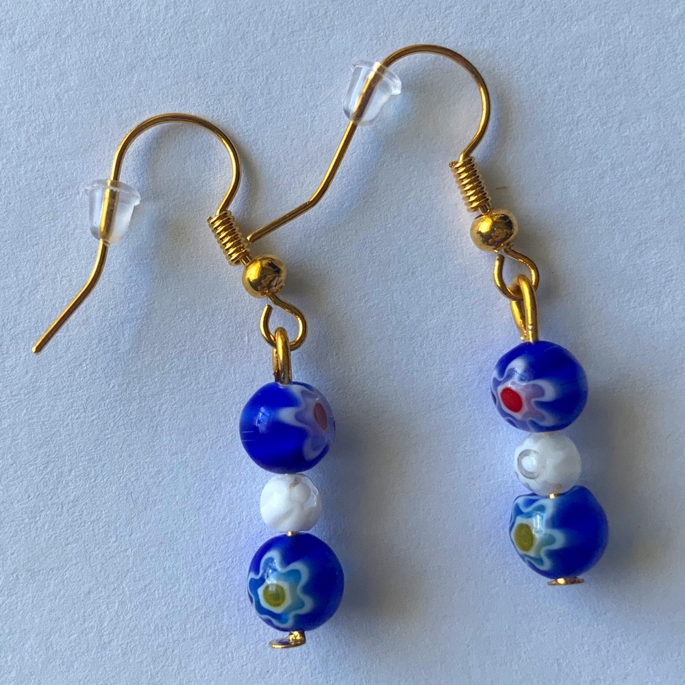 Glass Flower Millefiori Beads Blue & White Dangle/Drop Boho Handmade Earrings